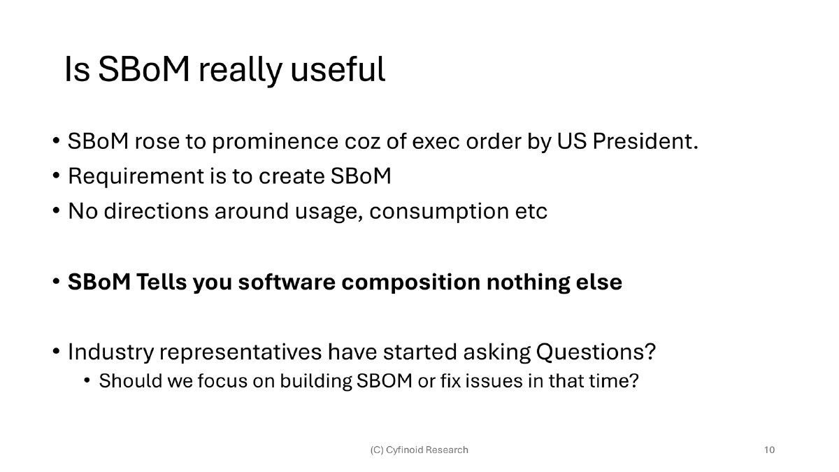 Slide 10 of Bsides Bangalore Sbom Fad Future